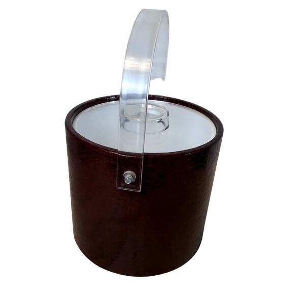 MID CENTURY MODERN VINTAGE BROWN VINYL ICE BUCKET WITH LID‎ & HANDLE MADE IN USA - Picture 6 of 9